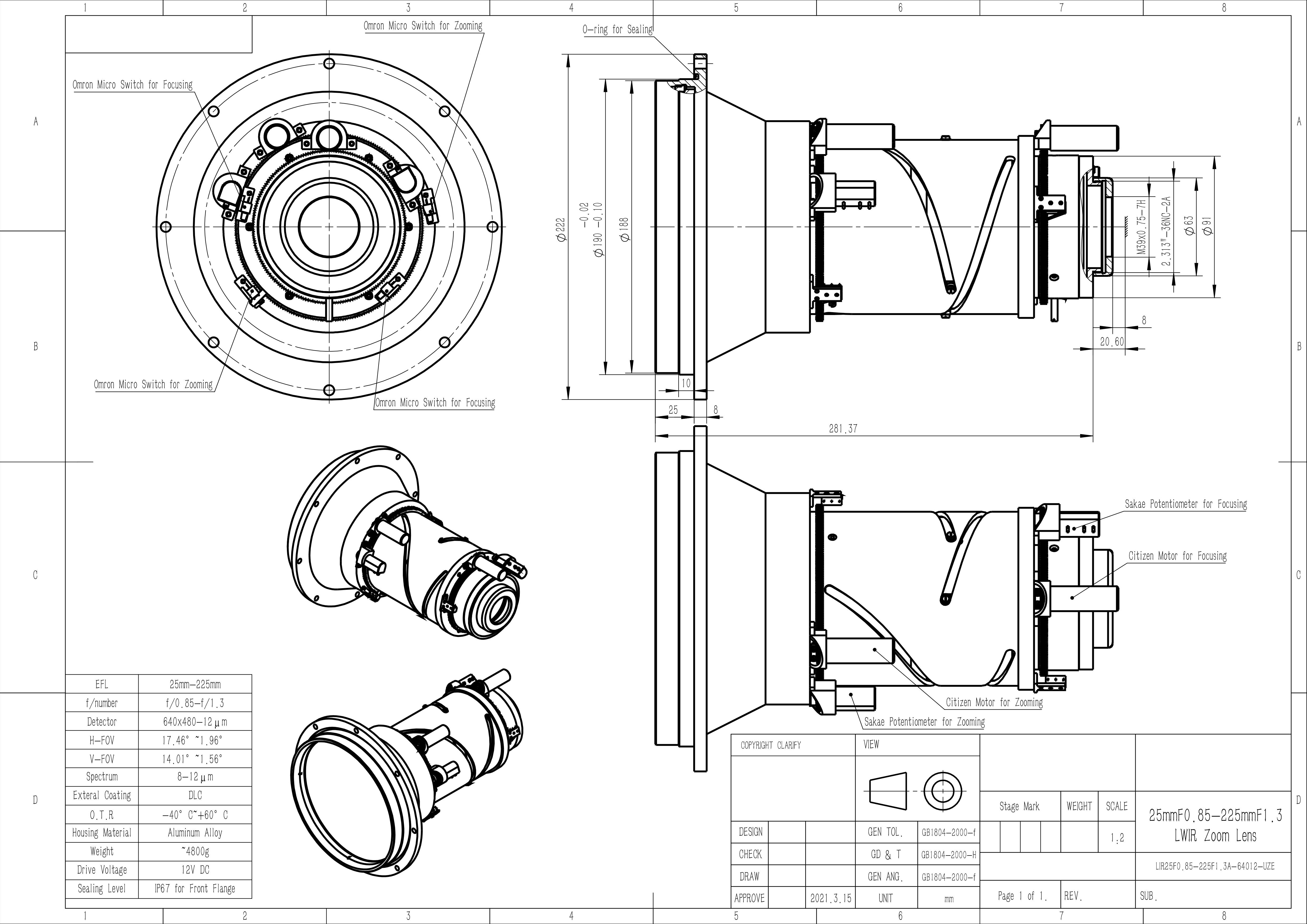 25mm f0.85 to 225mm f1.3 Continuous Zoom Lenses for LWIR Thermal Camera